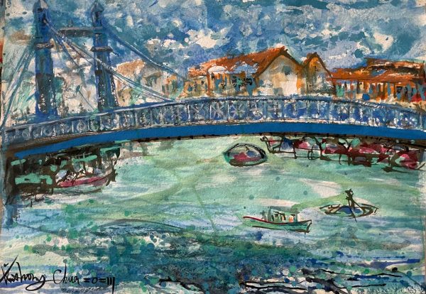 minimalist ink wash painting depicting a long, narrow bridge spanning a calm river.